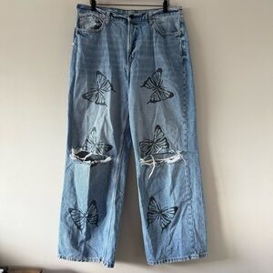 Y2K Grunge Baggy Skater Distressed Butterfly Wide Leg High Rise Jeans Size 17